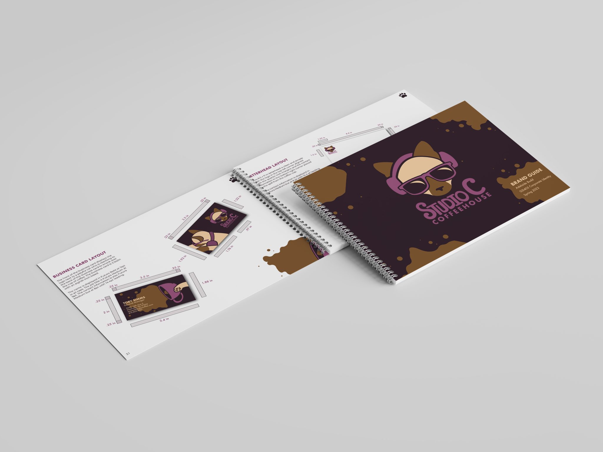 Studio C Coffeehouse brand guide mockup featuring logo, business card, and stationery designs.